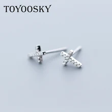 TOYOOSKY 925 Sterling Silver Earrings for Women Simple Crystal Cross Earrings Mini Geometric Ear Studs Jewelry Brincos