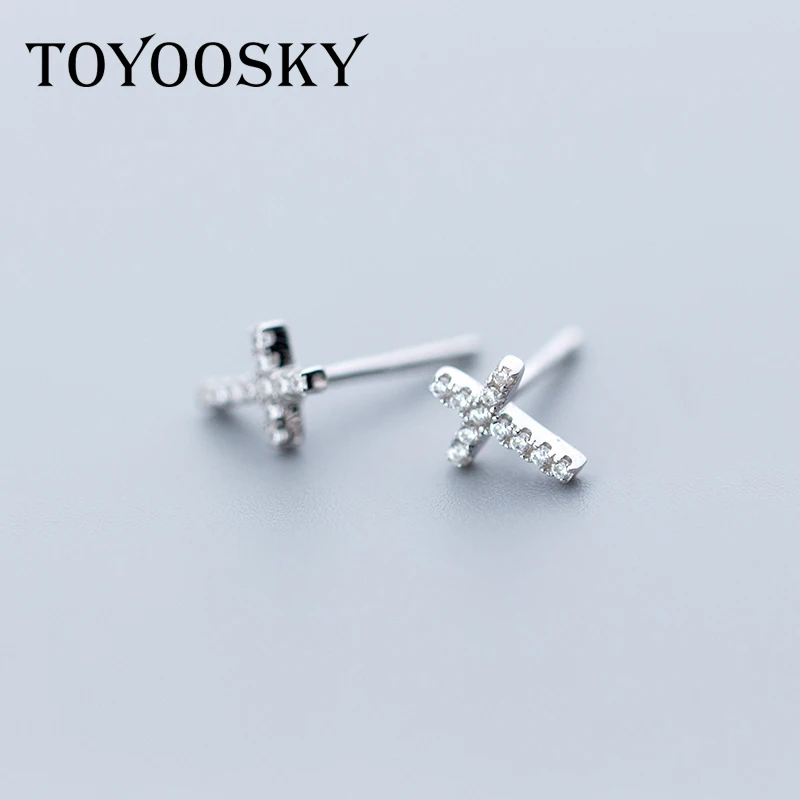 

TOYOOSKY 925 Sterling Silver Earrings for Women Simple Crystal Cross Earrings Mini Geometric Ear Studs Jewelry Brincos 2018