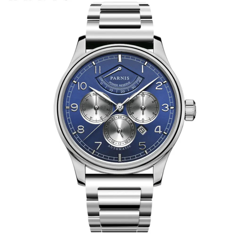 

42mm PARNIS Blue Dial Gangreserve Anzeige Saphirglas Date Luxury Stainless Case Miyota Automatic movement men's Watch NEW Arrive