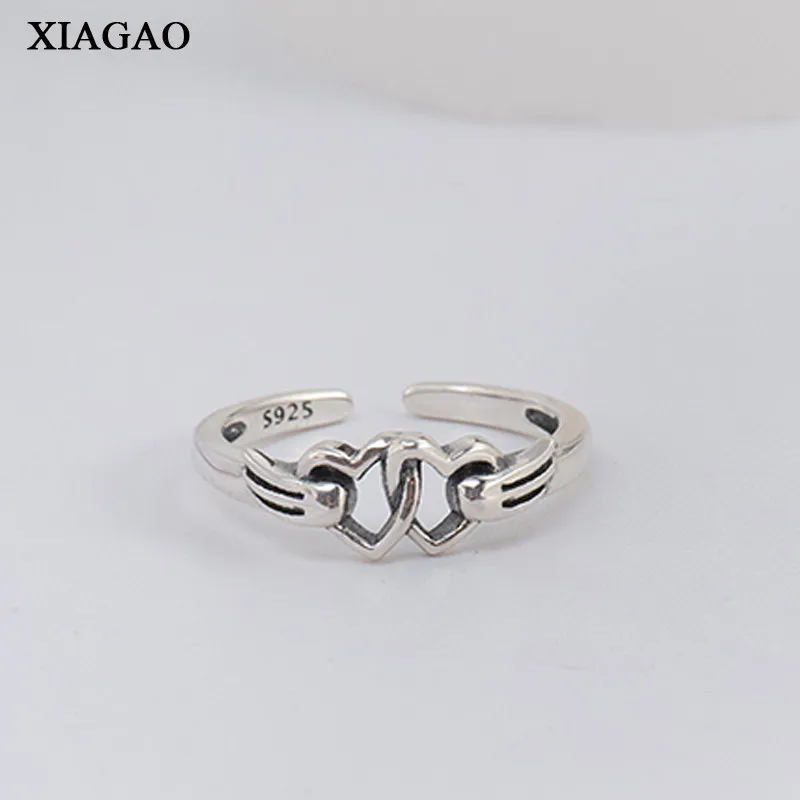 

XIAGAO Vintage Jewelry 100% 925 Sterling Silver Double Heart Open Adjustable Rings For Woman Girl Ring Gift Bague Femme AART0137