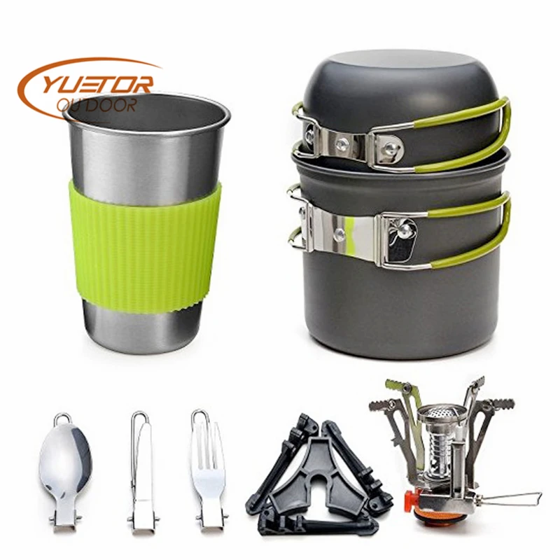 

YUETOR Outdoor Camping Hiking Picnic Teapot Pot Set Aluminium Alloy Portable Cookware Mess Kit Carabiner Cookware Stove Cup