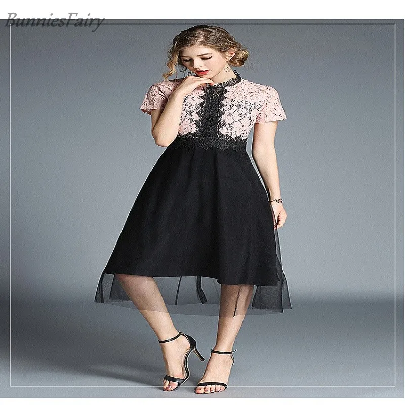 

2018 Summer New Arrival Floral Pattern Short and Regular Sleeve Mid-Calf Stand Collar Patchwork Lace A-Line Sweet and Lady Dress