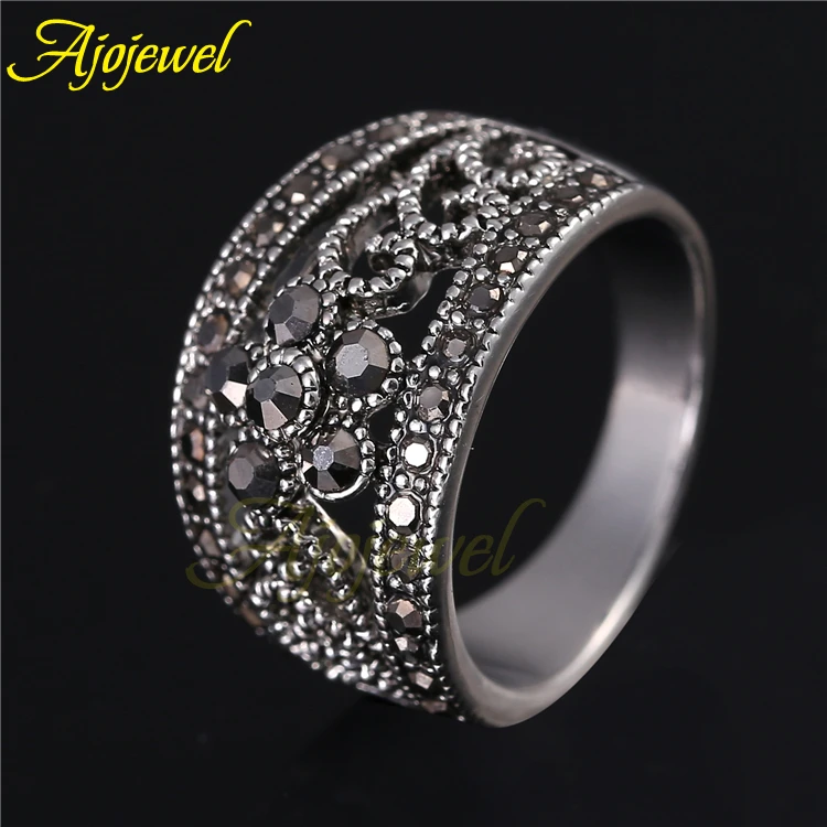 Ajojewel Hot Sale Vintage Antique Jewelry Silver Plated Cute Black CZ Flower Retro font b Ring