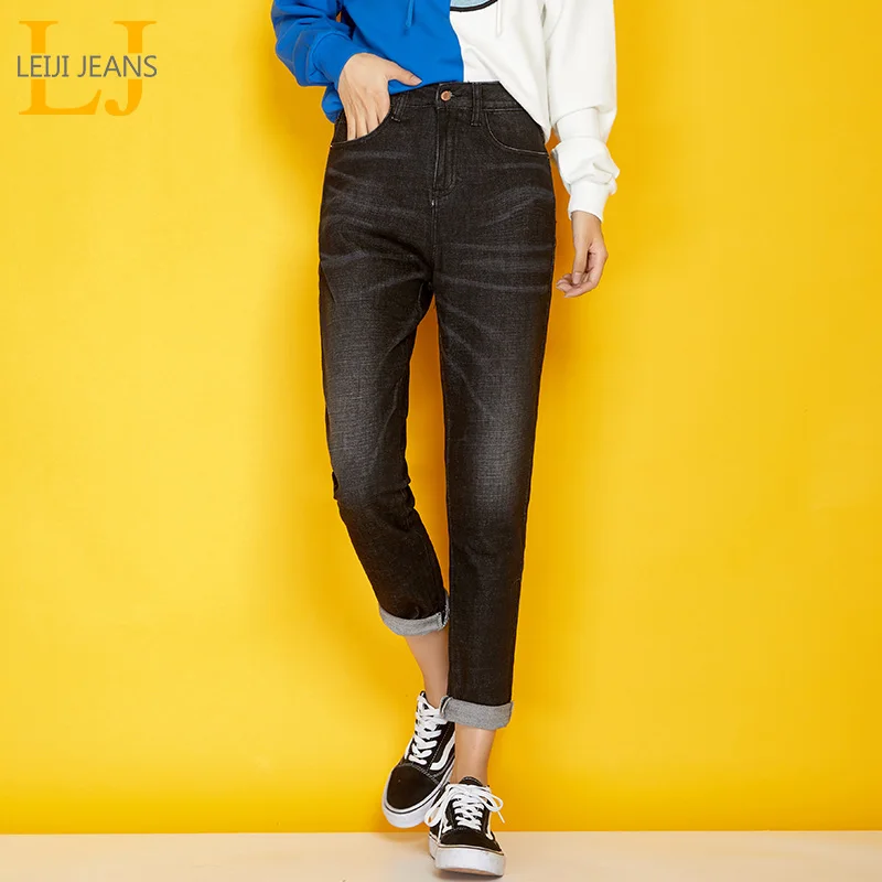 LEIJIJEANS новые осенние повседневные Черные джинсы с эффектом усов отбеленные хлопковые джинсы плюс размер 50-120 кг свободные шаровары джинсы