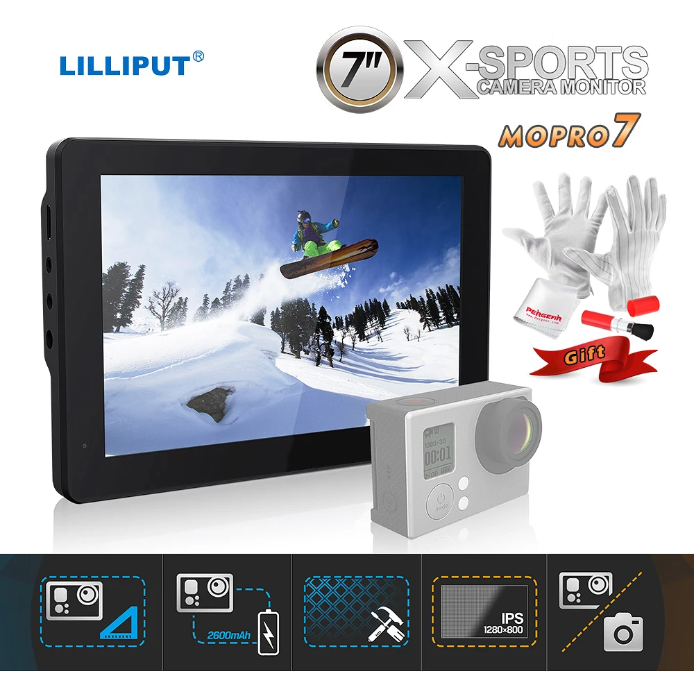 

Lillitput Mopro 7 1280x800 IPS 7" Field Monitor w/ 2600mah Built-in Battery HDMI & AV Input for DSLR Camera Gopro Hero 3+ 4