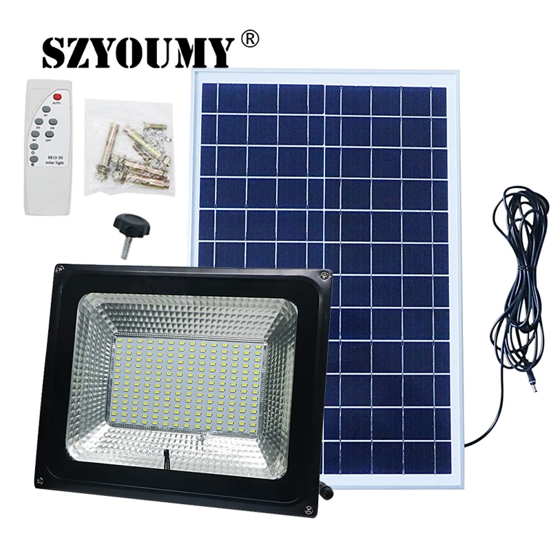 

SZYOUMY 4pcs/lot 100W Solar LED Floodlight Cool White Remote Control +light control Garden Street Flood Light Lamp