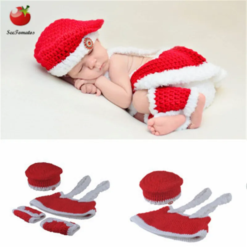 Новорожденный фотографии реквизит Рождество милый Санта детская одежда шляпа крючком наряды костюм для новорожденного ребенка фото Детские фотографии