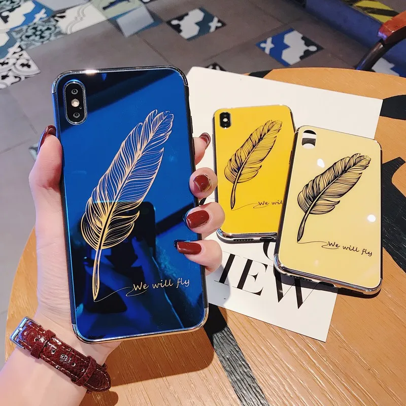 

MORINBO iPhone 7 Mobile Shell 6 8 X Plus XR XS Max Simple Solid Color Feather Glass Cover Drop Mobile Phone Case