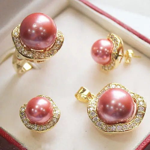 

real Women's Wedding New Pink shell Pearl Jewelry Necklace Earring Ring Wholesale Set + chain silver-jewelry