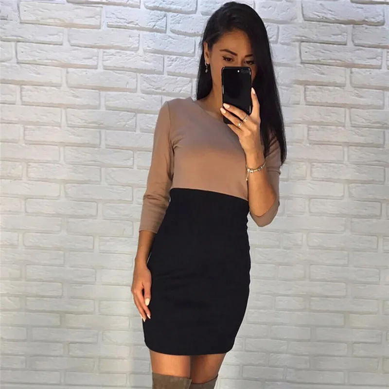 Women Color Block Dress Casual O Neck Bodycon Dress Contrast Color Stitching Seven-Point Sleeves Slim Slimming Casual Dress - Цвет: Хаки