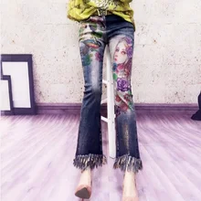 Европа Демисезонный Для женщин Мода кисточкой роспись Красота расклешенные джинсы джинсовые штаны женские Винтаж хлопковые брюки Amy Mujeres