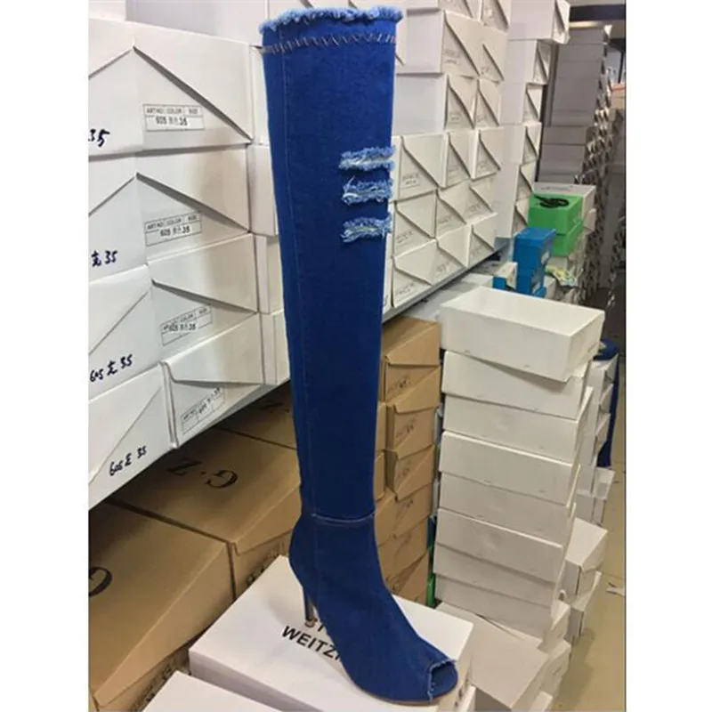 JINJOE High stretch pump Denim Over The Knee Boots Shoes Woman Thigh High heel Ripped Distressed Denim Jeans Open Peep Toe Heels