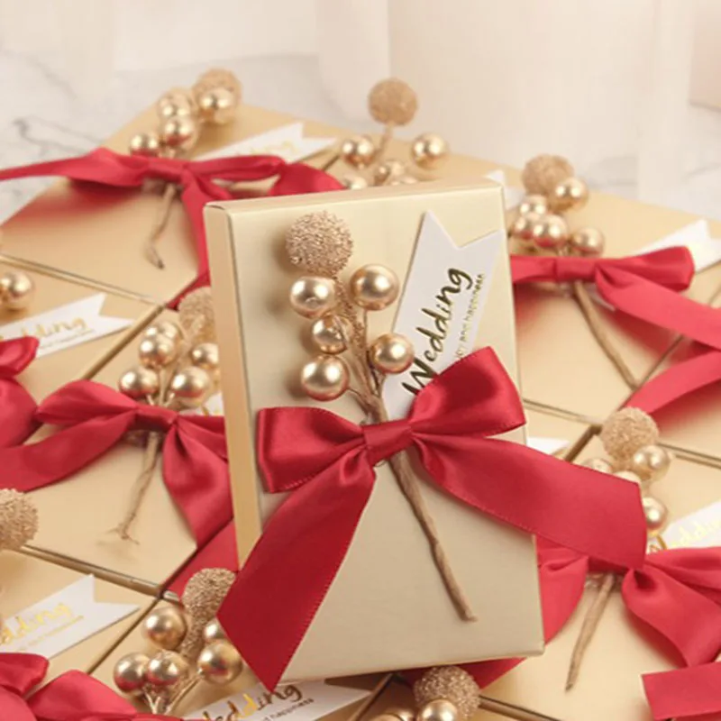 10 шт. золотая коробка для конфет, цветок груши, свадебные сувениры для гостей, милая упаковка, Подарочная коробка с лентами, вечерние украшения для детского душа