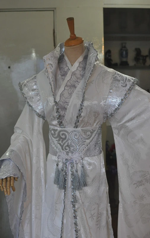 Китайский костюм мужской серебряный белый с широкими рукавами мужской костюм hanfu для мужчин ТВ игровой костюм сценическое представление