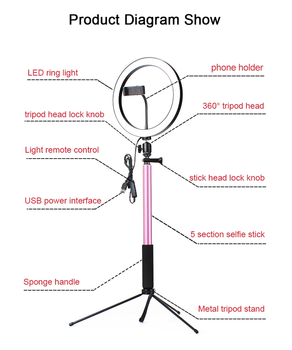 10 дюймов 26 см Диммируемый светодиодный студийный кольцевой светильник для камеры Фото телефон видео лампа с штативами селфи палка кольцо свет держатель телефона