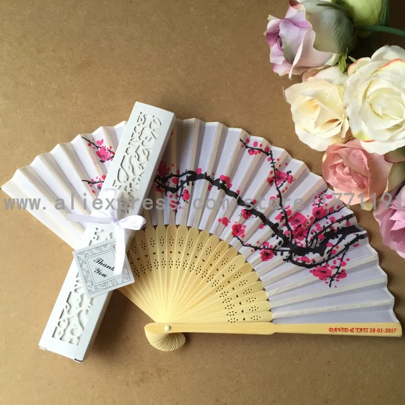 

Free shipping 50Sets/Lot Personalized Wedding Date & Names Plum flower Chinese Silk Hand Fan with Luxury Gift Box for Wedding