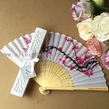 Free shipping 50Sets/Lot Personalized Wedding Date & Names Plum flower Chinese Silk Hand Fan with Luxury Gift Box for Wedding - SALE ITEM - Category 🛒 Home & Garden