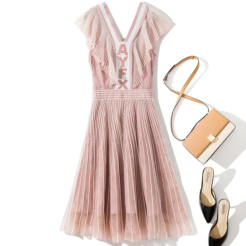 

Dress Women 2019 Spring Summer New Knitted V-Neck Letters Beading Back Bandage Slim A-Line Mesh Dress Over The Knees S-XL