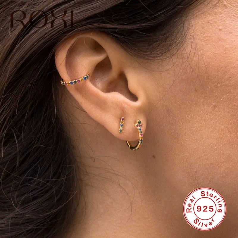 

ROXI 925 Sterling Sliver Earrings for Women Thin Tiny Line Stud Earrings Minimalist Jewelry Colorful Rainbow CZ Piercing Earings
