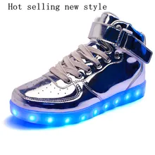 2016 autumn and winter high-top mirror silver selling men Tongfa Guang led schoenen kinderen USB charging kids light up shoes