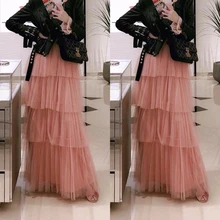 Jupe Femme длинные фатиновые юбки оборками Многоуровневое сетка тюль юбки Для женщин модные женские туфли для взрослых макси юбка Faldas Saia индивидуальный заказ