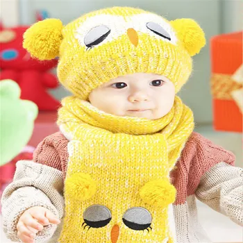 

Winter Warm Baby Boys Girls Hat Scarf Set Cute Knitted Acrylic Hats For Toddlers Cartoon Owl Scarf For 1 To 4 Years