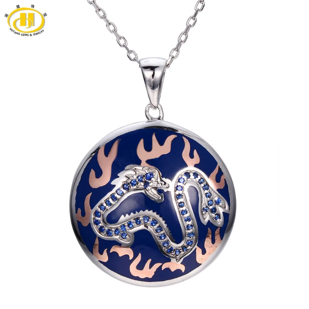 

Hutang Created Blue Sapphire Enamel Pendant Solid 925 Sterling Silver Necklace Chinese Element Dragon Fine Jewelry