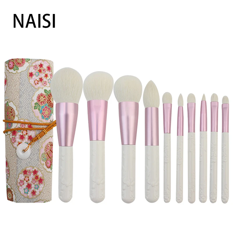 

NAISI 10pcs Pearl White/Pink Professional Makeup Brushes Set Make up Brush Tools Foundation Powder Blusher Pure Goat hair
