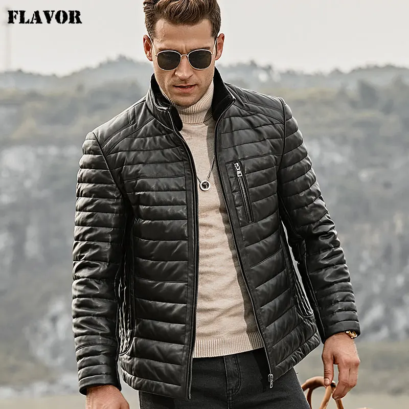 

FLAVOR Men's Real Leather Down Jacket Men Genuine Lambskin Winter Warm Leather Coat with Removable Standing Sheep Fur Collar