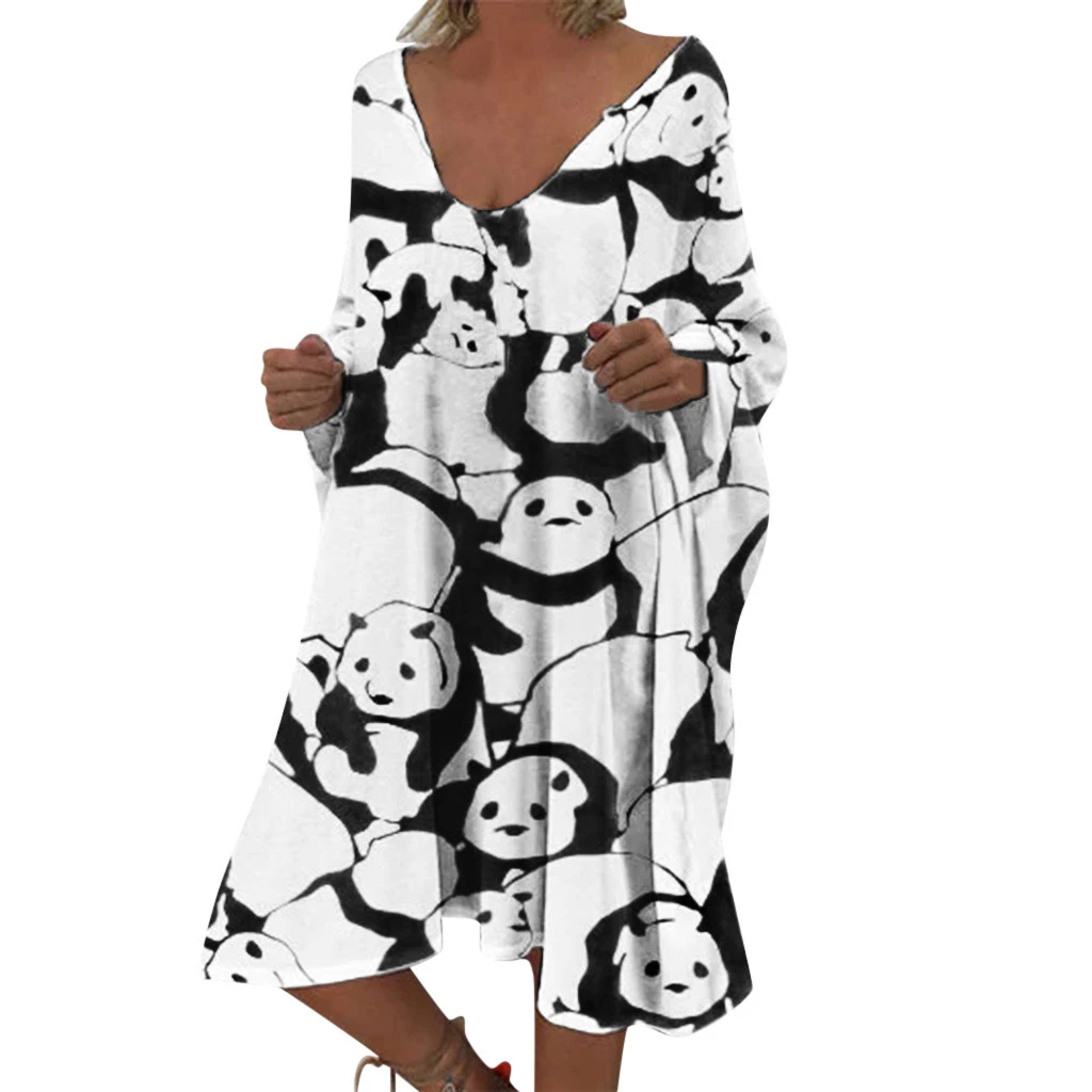 

FREE OSTRICH Women Casual Dress Boho Panda Printed V-Neck Loose Kaftan Knee-Length Dresse Beach Comfortable Cotton Sundress 724