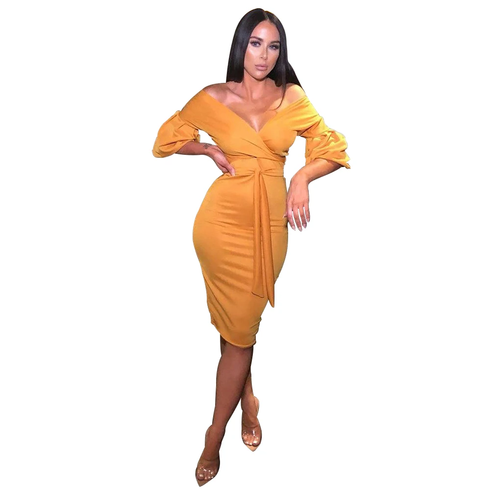 2019 الساخن بيع مثير انخفاض قطع قبالة الكتف أنيقة الأصفر Bodycon اللباس مضيئة كم الدانتيل يصل النساء حزب فساتين مثير اللباس