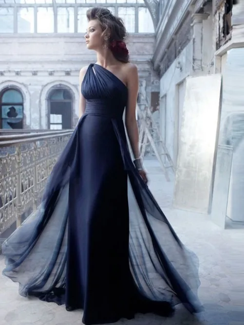 Fashion Sexy A-line Scalloped Chiffon One Shoulder Floor Length Evening Dress Prom 2015 Sleeveless Ruched Pleated | Свадьбы и