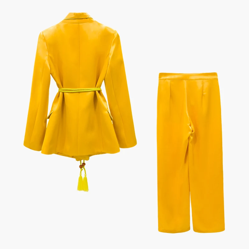 HIGH QUALITY New Fashion Designer Runway Suit Set Women's Rope Belt Yellow Blazer Suit Wide Leg Pants Set