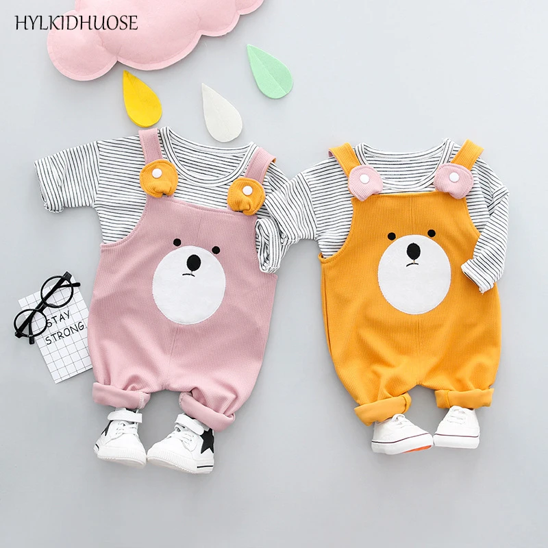 HYLKIDHUOSE 2018 Spring Children Clothes Sets Cotton Baby Girls Boys Suits Stripe T Shirt+Cartoon Bib Pants Infant Kids | Детская одежда
