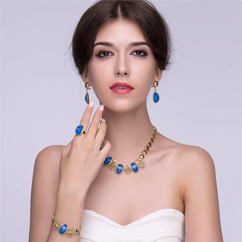 

OUMEILY Boho Wedding Jewelry Sets Dubai Gold Nigerian Africa Jewelry Set for Women Vintage Blue Crystal Jewelery Costume