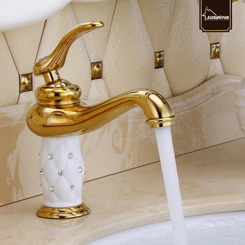 

European Diamond Faucet Cold And Hot Copper Basin Wash Antique Plating Golden Faucet Single Handle Vanity Single Hole Mixer HZ28