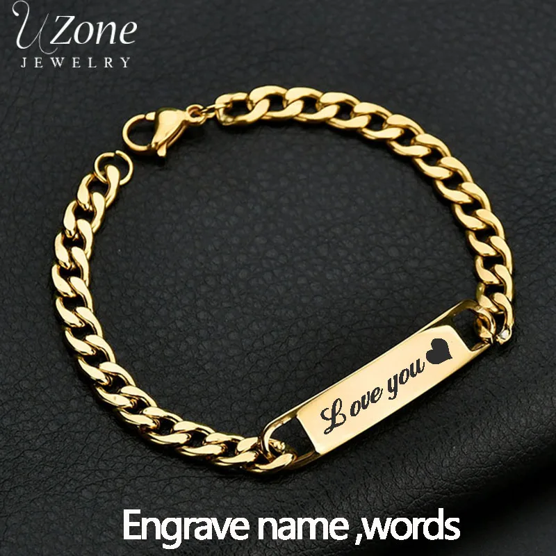 

Uzone Custom Engrave Name ID Bar Bracelet Gold Color Stainless Steel Initial Charm Bracelets For Couples Personalize Jewelry