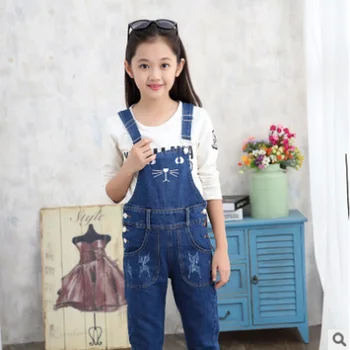 

Girls Denim Overalls Jeans 2018 New Summer Children'S Fashion Personality Embroidery Cat Overalls Button Pants Blue Color ly278