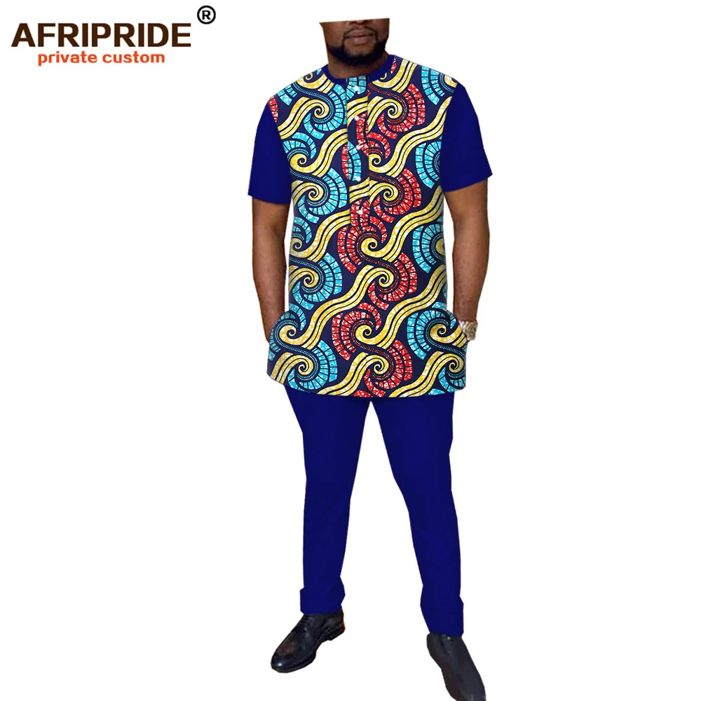 2019 г. в африканском стиле повседневные штаны комплект для мужчин AFRIPRIDE мужского покроя короткие рукава однобортный Топ + полная длина штаны