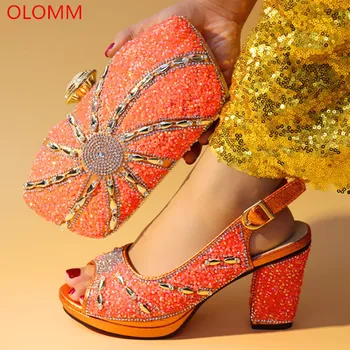 

OLOMM Orang Color Italian Shoes and Bags To Match Shoes with Bag Set Decorated with Rhinestone Nigerian Women Wedding Shoes.Y-23