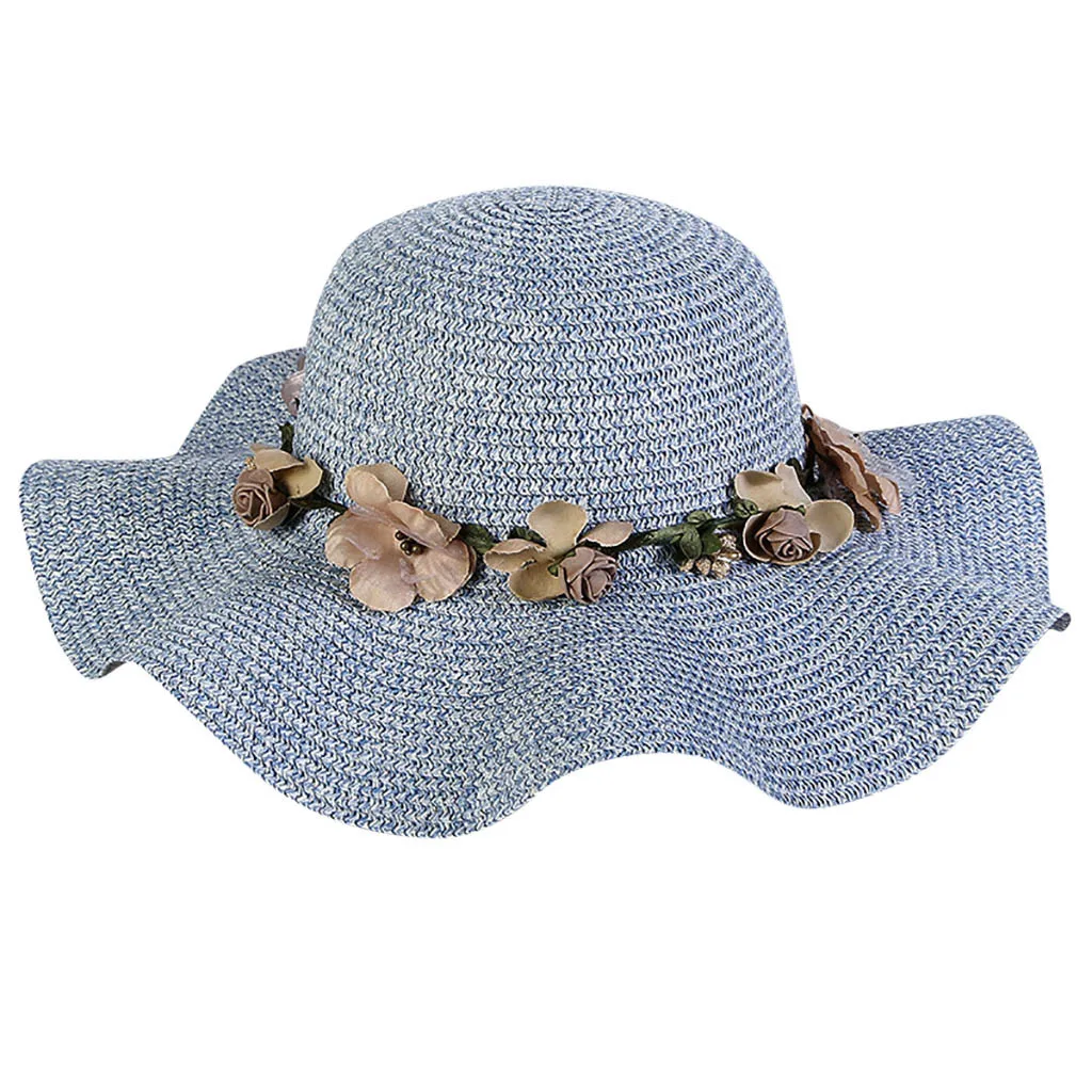 Для женщин пляж Кепки Большие широкие поля, из соломы шляпы и изображениями красочного цветка; пляжные кепки для защиты от солнца складывающаяся Кепка chapeau femme ete#3