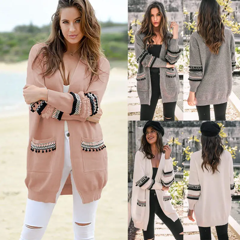 

Women Knitted Cardigan Boho Tassel Chic Long Sleeve Stylish Sweater Autumn Winter Lady Outwear Coat Top