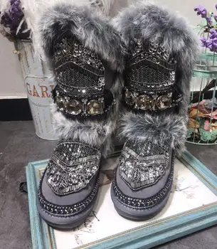 

Original homemade European station heavy work sequins rhinestone beaded leather hair one leather thick snow boots
