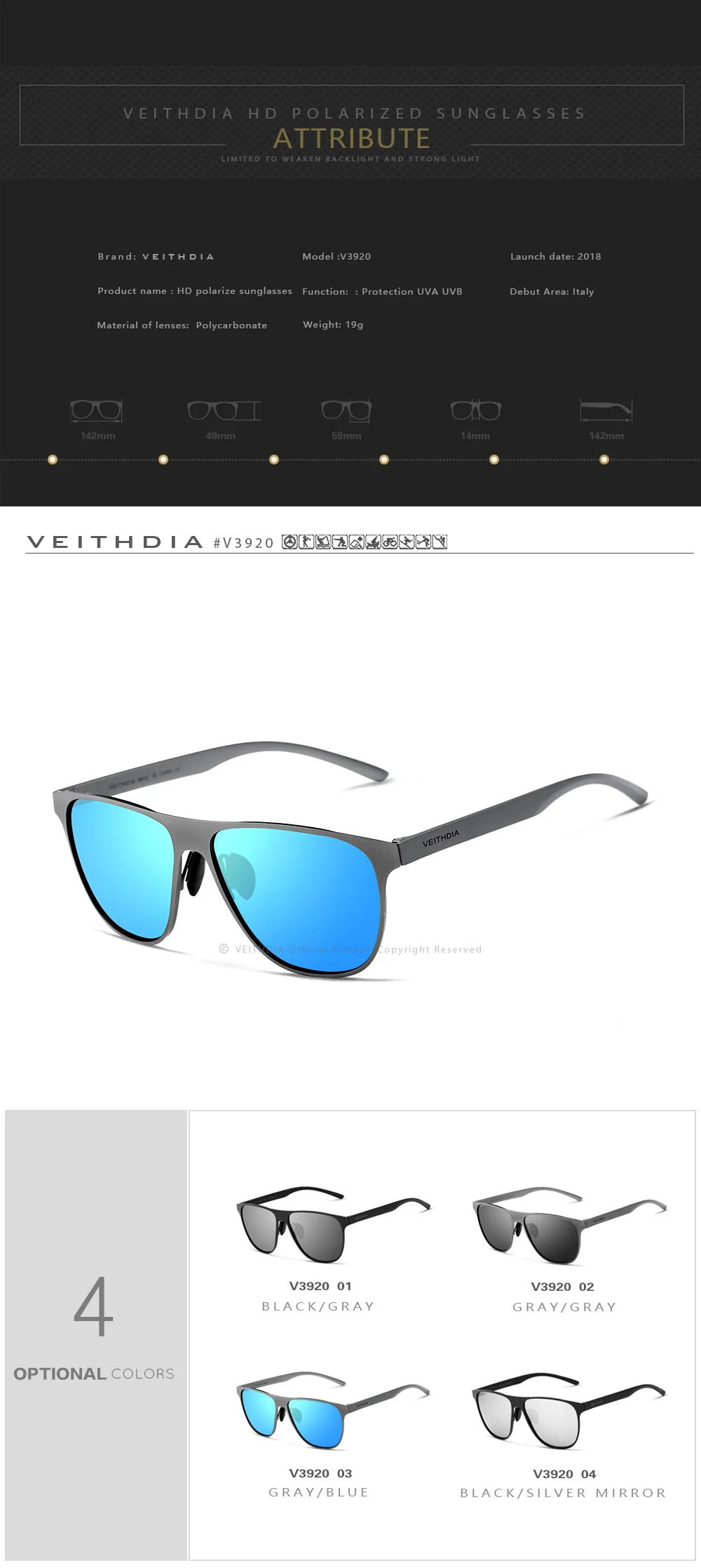 Солнцезащитные очки унисекс VEITHDIA, брендовые дизайнерские очки из нержавеющей стали и пластика TR90 с поляризационными стеклами, степень защиты UV400, для мужчин и женщин, модель 3920