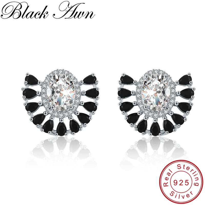 

[BLACK AWN] 925 Sterling Silver Jewelry Classic Sector Engagement Stud Earrings for Women Female Bijoux Silver 925 Jewelry I067