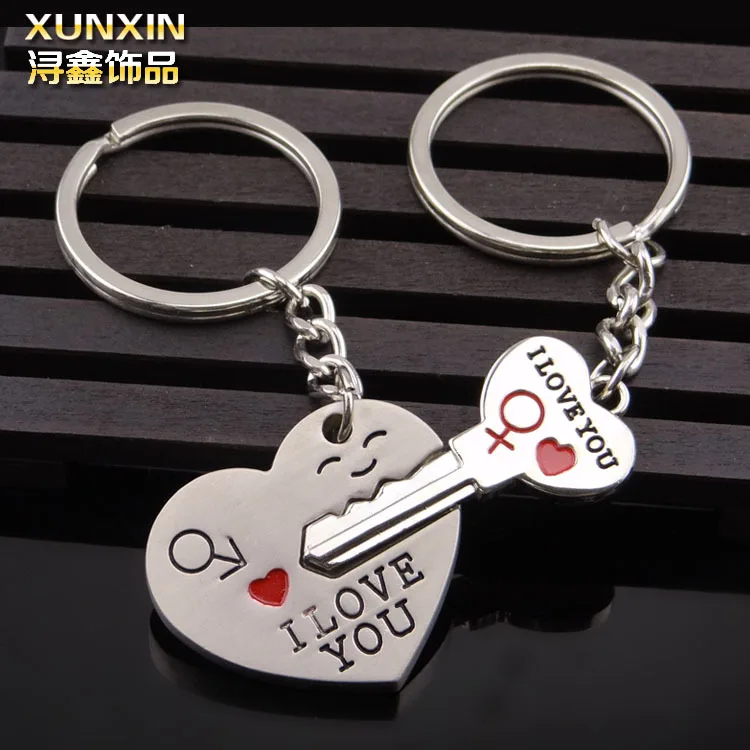 

2019 Popular I love You Cartoon Key Chain Heart Key Ring Silver Couple Key Chain Iover Key Chain Pendant Gift car Pendant