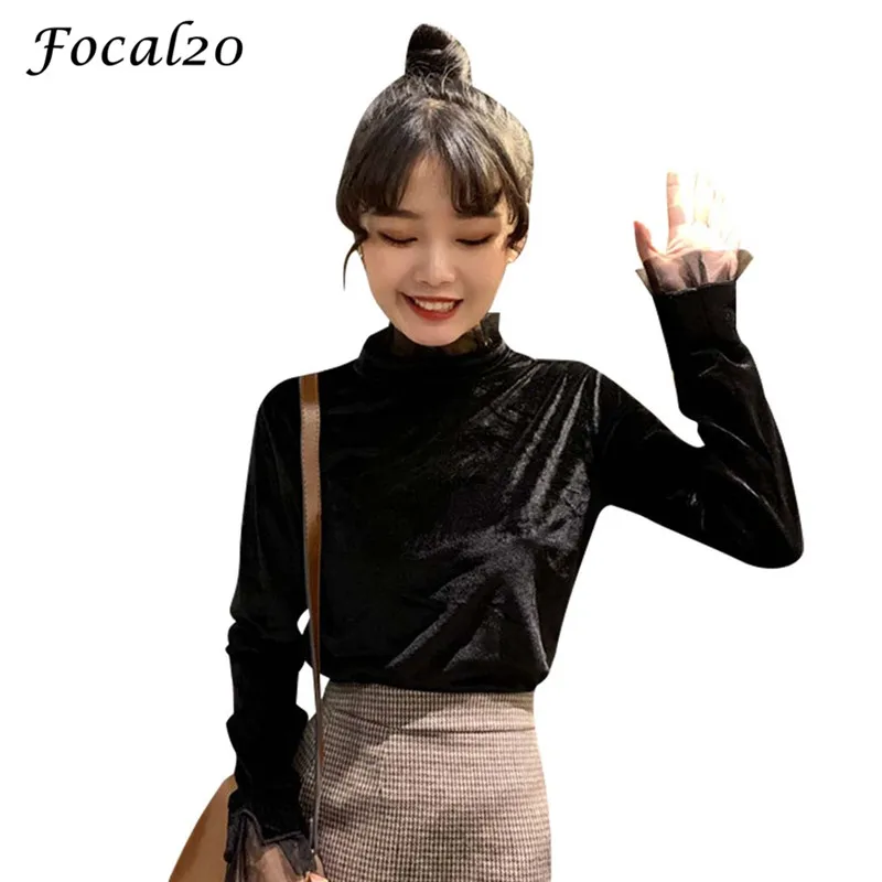 

Focal20 Trendy Ruffle Mesh Patchwork Velvet T Shirt Long Sleeve Velour Sweet Kawaii Slim Female T Shirt Tee Top