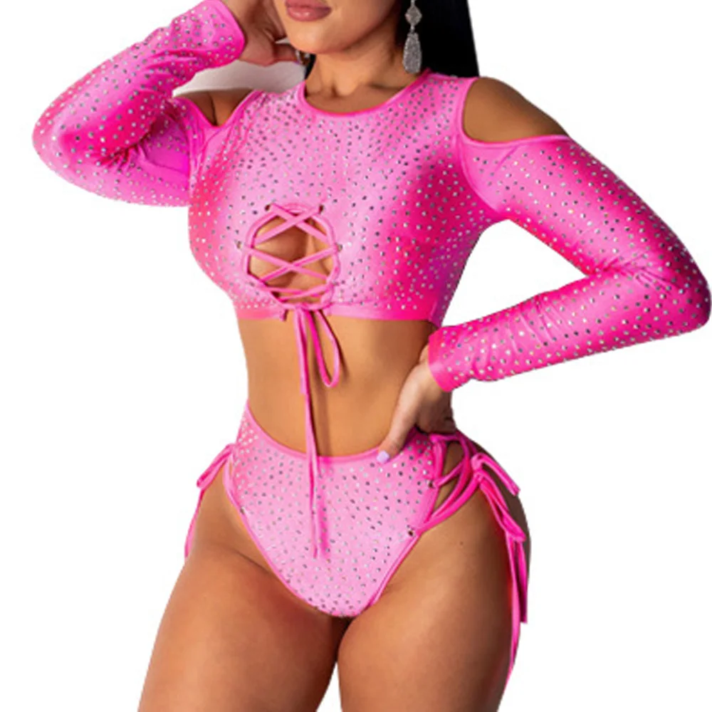 الصيف طويلة الأكمام لامعة حجر الراين الجوف خارج داخلية مثير الدانتيل يصل قطعتين مجموعة النساء السروال القصير قصيرة النادي حزب Playsuits