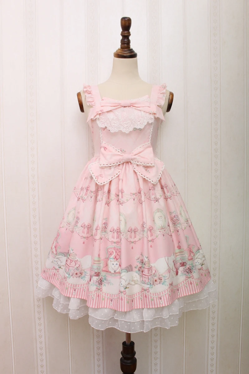 Милое Платье в стиле Лолиты без рукавов с принтом котенка и драгоценности, платье миди для женщин - Цвет: Розовый