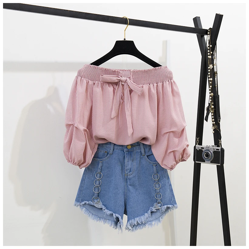 

New Fashion Sets 2019 Summer Women Bow Off collar Shirts + Denim Shorts Casual two-piece set Female suits A1147